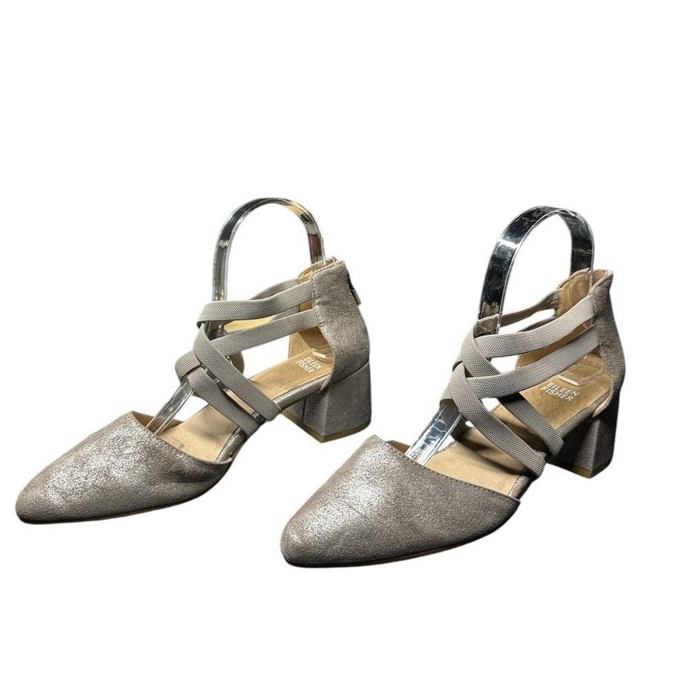 Eileen Fisher Silver Metallic Elastic Strap Block Heel Pumps Size 8